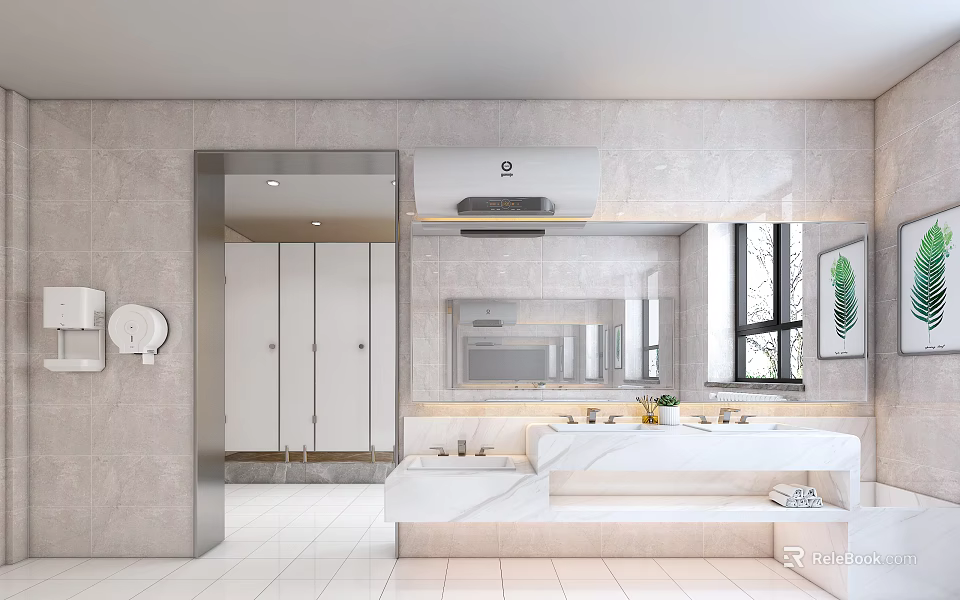 Modern Public Restroom Interior With Clean Stalls Marble Walls Mirrors And Washbasins 3d model 