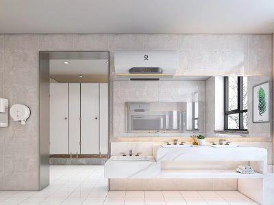Modern Public Restroom Interior With Clean Stalls Marble Walls Mirrors And Washbasins 3d model