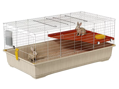 Rabbit Cage Set With Two Rabbits Red Platform Beige Base And Accessories 3d model