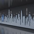 Modern City Skyline Silhouette With Digital Screens And Reflective Floor