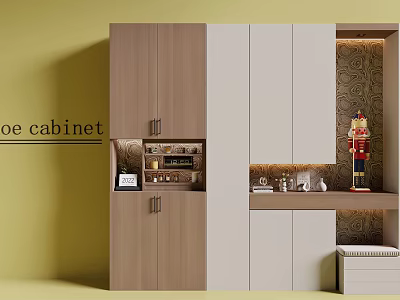 Shoe Cabinet with Brown and White Cabinets Drawers and Shelves Inside Yellow Wall Decorative Nutcracker 3d model
