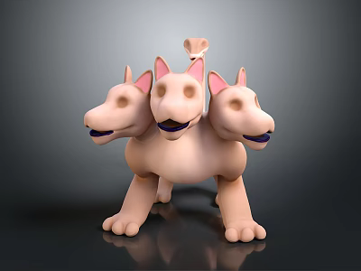 Pink Three Headed Dog Like Creature With Pointed Ears Open Mouths And Blue Tongues 3d model