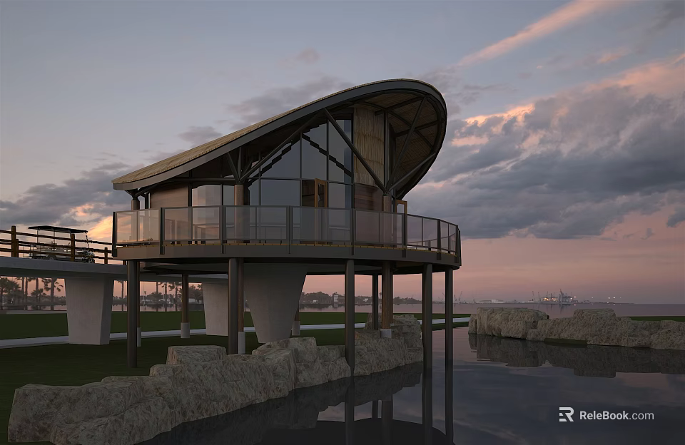 Modern Detached Villa With Curved Roof Glass Walls Balcony And Waterfront View 3d model 