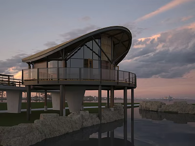 Modern Detached Villa With Curved Roof Glass Walls Balcony And Waterfront View 3d model
