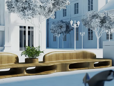 Modern Curved Wooden Landscape Seats With Green Plants Trees And Lampposts Against White Building Background 3d model