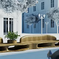 Modern Curved Wooden Landscape Seats With Green Plants Trees And Lampposts Against White Building Background