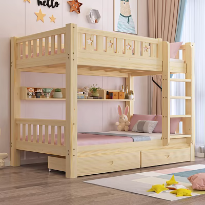 Wooden Kids Bunk Bed with Storage Drawers Ladder Star Pattern Safety Rails and Pink Mattress 3d model