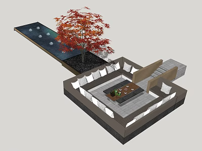 Outdoor Sofa Seating Area With Red Maple Tree And Water Feature 3d model