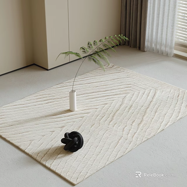 Beige Square Rug Herringbone Texture Living Room Floor With White Vase Fern Plant Black Decor 3d model 
