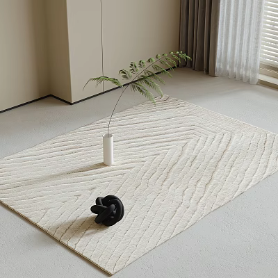 Beige Square Rug Herringbone Texture Living Room Floor With White Vase Fern Plant Black Decor 3d model