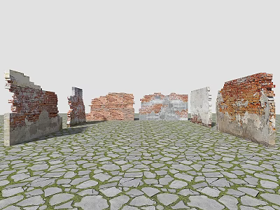 Damaged Brick Walls in Abandoned Building With Stone Pavement and Peeling Plaster 3d model