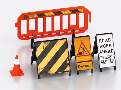 Traffic Signs for Road Work Ahead Including Detour Closed Warnings Traffic Cones and Barrier 3d model