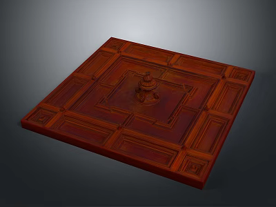 Red Wooden Square Architectural Decorative Panel With Carved Design Elements 3d model