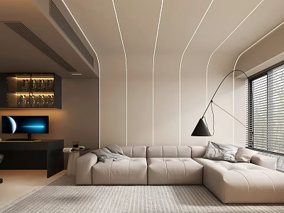 Modern Home Theater Interior With Beige L shaped Sofa Accent Pillows Floor Lamp Linear Lighting 3d model
