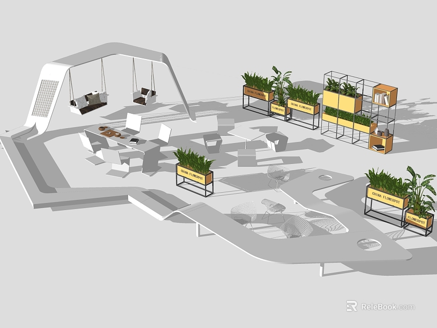 Modern Landscape Seating With Potted Green Plants For Outdoor Rest Area Design 3d model 