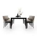 Rectangular Dark Wooden Dining Table Set With Eight Gray Chairs And Decorative Tray 3d model