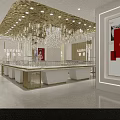Luxurious Jewelry Store Interior Design With Golden Decor Crystal Chandelier And White Display Counters