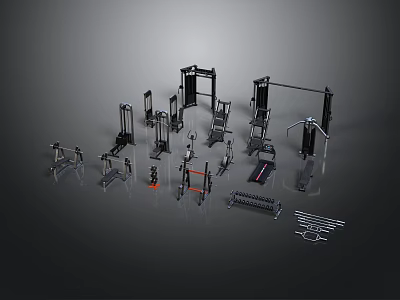 Complete Gym Fitness Equipment With Treadmill Dumbbells Barbells And Weight Bench 3d model