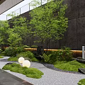 Lush Garden Courtyard Featuring Green Trees Grass Stones And Round Lights