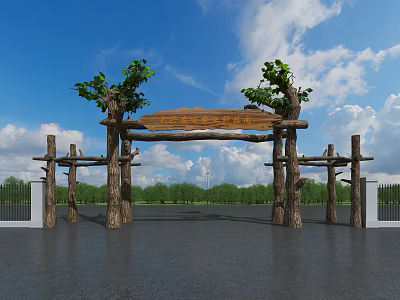 Natural Style Wooden Entrance Gate With Tree Trunk Supports Arch Beam And Decorative Trees 3d model