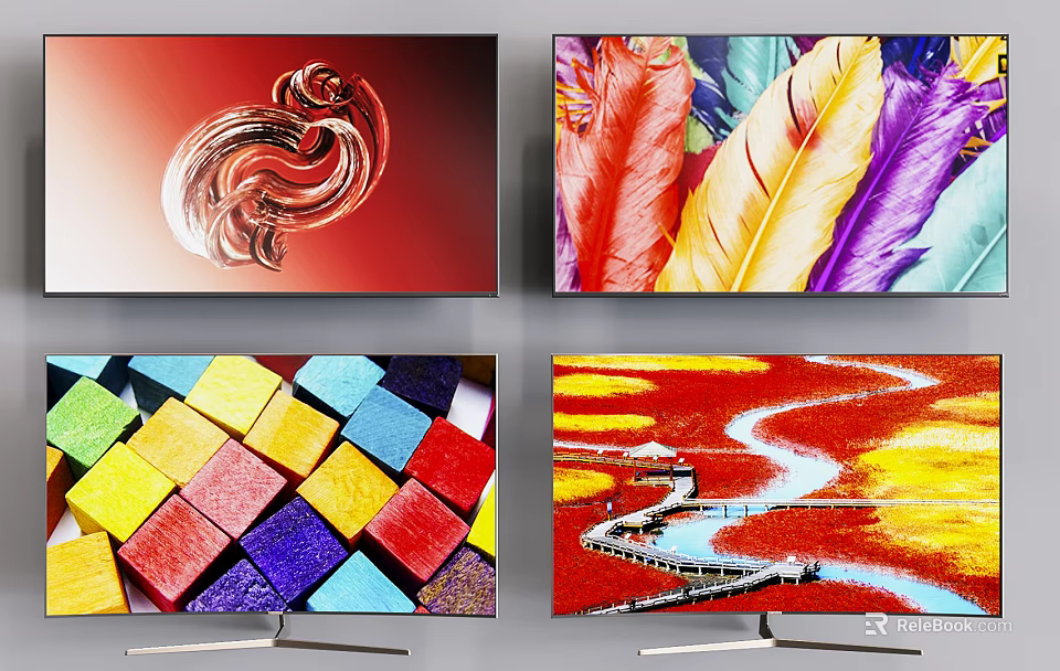 TV Screen Showing Colorful Artistic Feathers Patterns And Scenic Visual Designs 3d model 