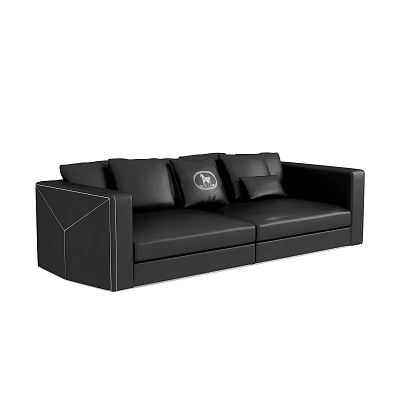 Black Two Seater Leather Sofa with Modern Geometric Line Design and Decorative Cushions 3d model
