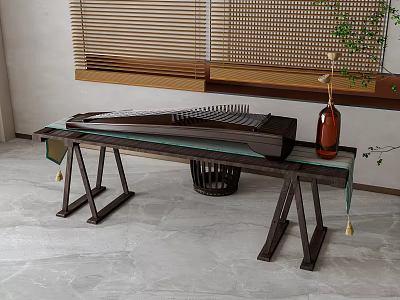 Modern Chinese Guzheng Musical Instrument On Wooden Table With Vase Bamboo Decor And Green Plants 3d model