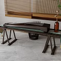 Modern Chinese Guzheng Musical Instrument On Wooden Table With Vase Bamboo Decor And Green Plants