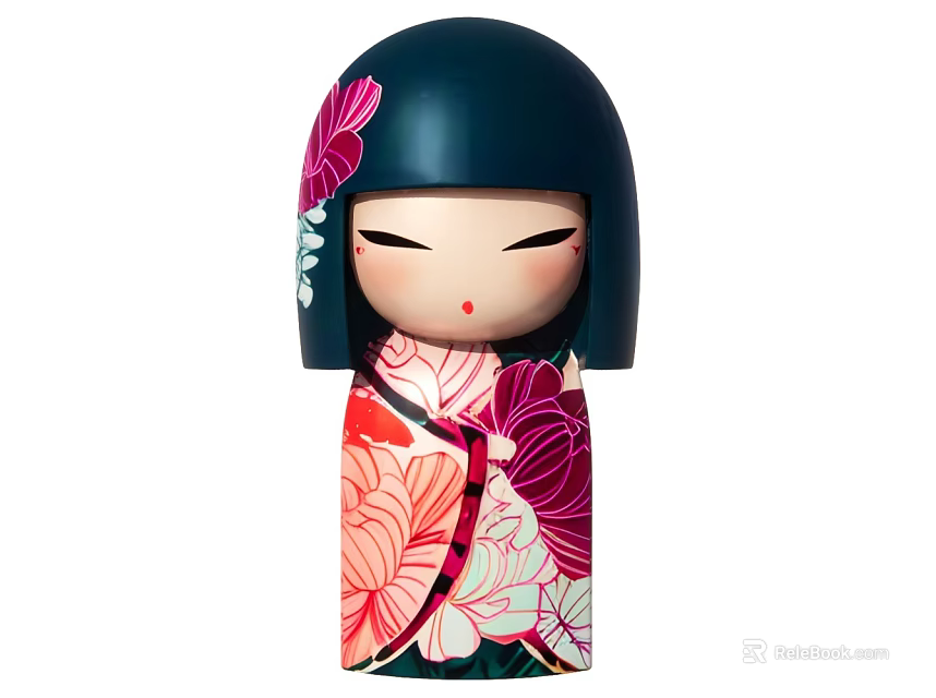 Traditional Japanese Kokeshi Doll With Dark Blue Head And Floral Patterns 3d model 