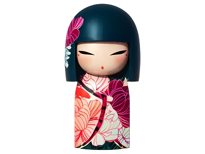 Traditional Japanese Kokeshi Doll With Dark Blue Head And Floral Patterns 3d model