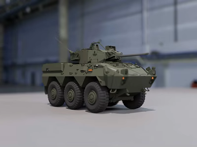 Military Armored Vehicle Weapon System with Turret and Heavy Duty Wheels in Indoor Hangar 3d model