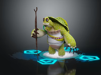 Game Movie Character Green Turtle With Shell Holding Staff On Blue Glowing Ground 3d model