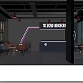 Modern Archery Range Interior With Neon Lights Tables Chairs And Counter 3d model