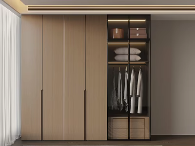 Modern Wooden Wardrobe Interior Design With Glass Door Hanging Clothes Drawers And Shelves 3d model