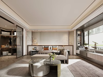 Modern Bedroom Featuring Open Walk-in Closet Sofa Marble Coffee Table Floor-to-Ceiling Window And Decorative Rug 3d model