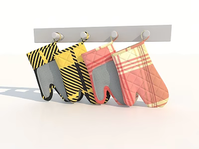 Colorful Oven Mitts Hanging On Metal Rod With Various Patterns And Hooks 3d model