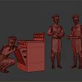 Men in Chef Uniforms and Hats Preparing at Oven and Holding Trays in Gray Background