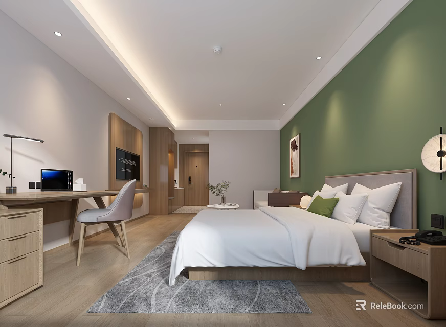 Modern Hotel Guest Room With Green Wall Wooden Furniture Desk Chair And Area Rug 3d model 
