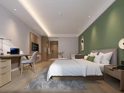 Modern Hotel Guest Room With Green Wall Wooden Furniture Desk Chair And Area Rug 3d model