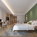 Modern Hotel Guest Room With Green Wall Wooden Furniture Desk Chair And Area Rug