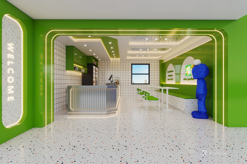 Vibrant Green Milk Tea Shop Interior With White Tiles Blue Cartoon Sculpture Counter And Chairs 3d model 