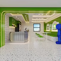 Vibrant Green Milk Tea Shop Interior With White Tiles Blue Cartoon Sculpture Counter And Chairs