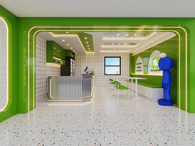 Vibrant Green Milk Tea Shop Interior With White Tiles Blue Cartoon Sculpture Counter And Chairs 3d model