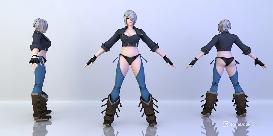 Woman 3D Model With Silver Gray Hair Black Jacket Bikini Blue Leggings Brown Spiked Boots 3d model 