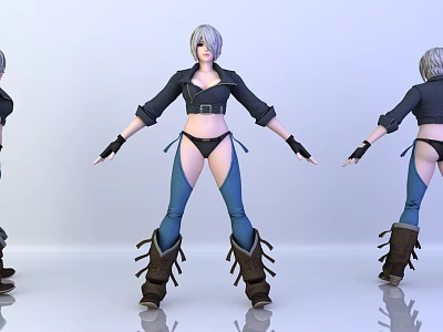 Woman 3D Model With Silver Gray Hair Black Jacket Bikini Blue Leggings Brown Spiked Boots 3d model