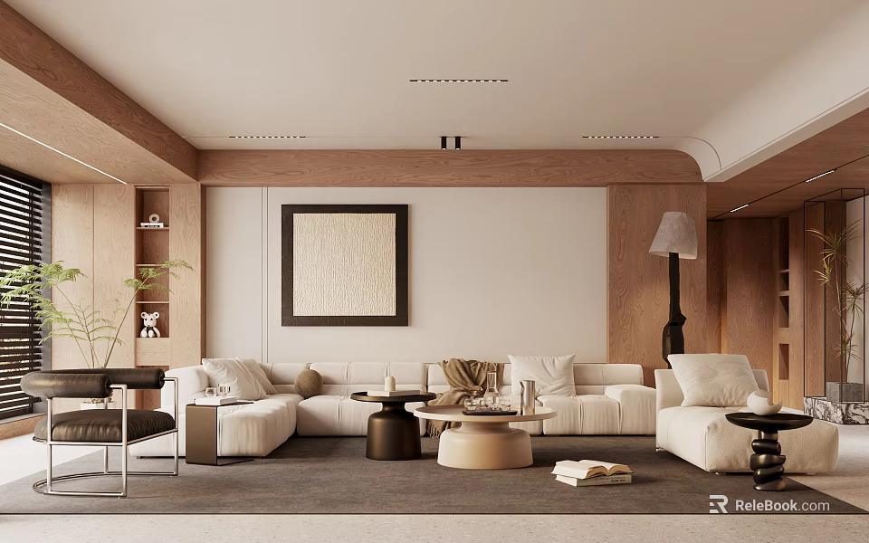 Warm Modern Living Room Interior With White Sofa Round Coffee Table Large Artwork And Floor Lamp 3d model 