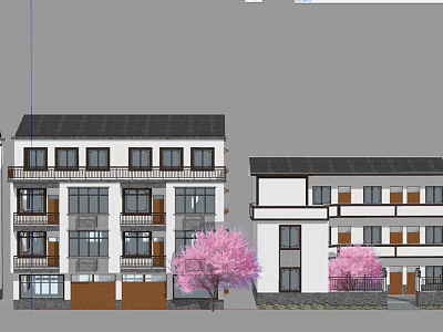 Rural Self Built House Exterior Design With Multi Story Structure And Pink Cherry Blossom Trees 3d model