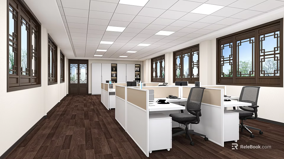 Spacious Public Office Space With Cubicles Desks Chairs Large Windows Wooden Flooring And Ceiling Lights 3d model 