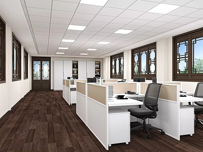 Spacious Public Office Space With Cubicles Desks Chairs Large Windows Wooden Flooring And Ceiling Lights 3d model
