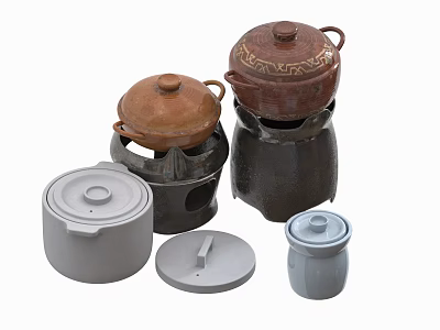 Traditional Ceramic Cookware With Lids In Brown Grey Colors And Classic Design 3d model